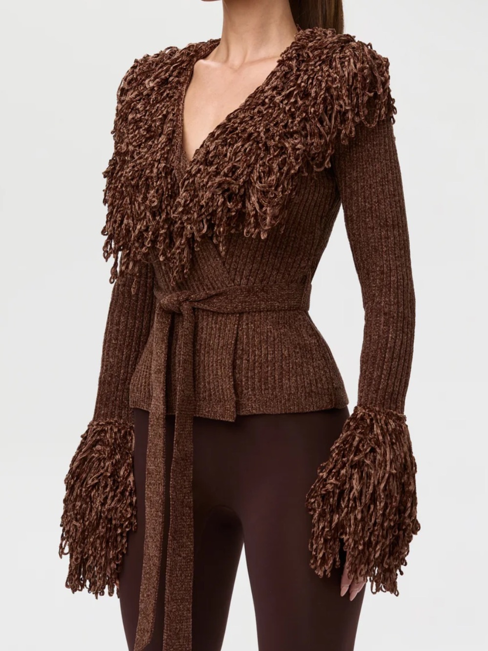 Naked Wardrobe Knit Fringe V-Neck Cardigan Brown Chenille Wrap Size Large - Picture 4 of 13